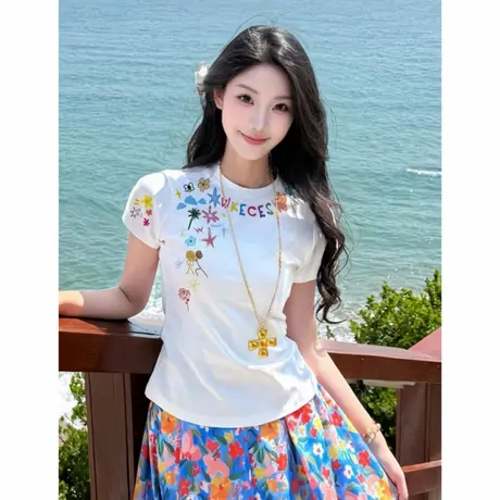 夏日正肩短袖t恤女2025新款韩系chic修身显瘦设计感小众短款上衣图片