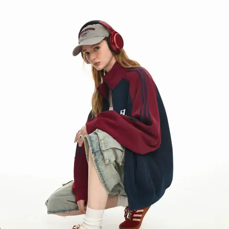 春秋新款潮牌撞色拼接拉链开衫立领卫衣外套女宽松运动情侣款上衣商品大图