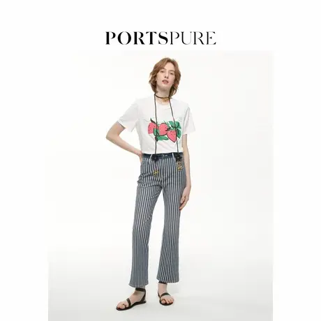宝姿PORTSPURE女装夏季条纹休闲微喇牛仔长裤RT8P209TDD031商品大图