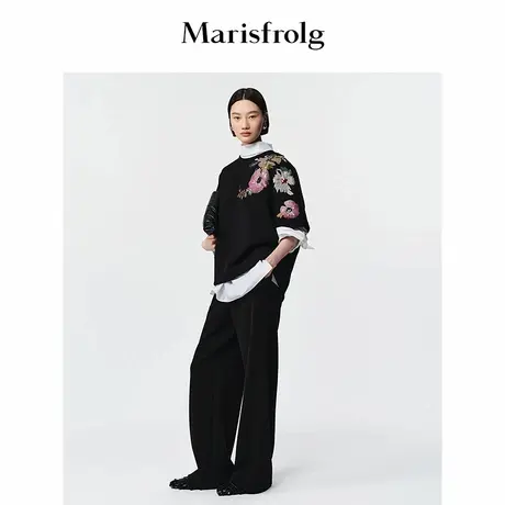 Marisfrolg玛丝菲尔2025冬季新款黑色极简松紧腰加厚直筒休闲长裤图片