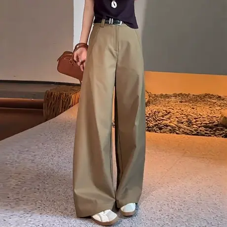 拉夏贝尔卡其色阔腿裤女秋季2025新款松弛感垂感弯刀裤直筒贝斯裤商品大图