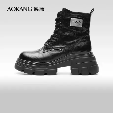 【门店发货】奥康女鞋 冬新款手抓纹加绒马丁靴粗跟增高商品大图