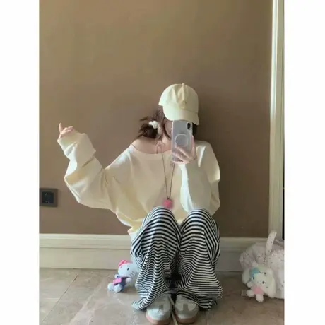 美式高街斜肩长袖卫衣女秋季2025新款宽松慵懒风chic早秋薄款上衣商品大图