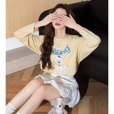 唐狮新款春秋季女圆领长袖T恤减龄可爱百搭上衣休闲韩版穿搭TE图片