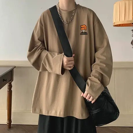 长袖T恤男2023秋冬新款情侣休闲纯色打底衫oversize内搭潮流上衣商品大图