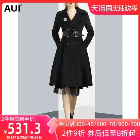 黑色中长款帅气双排扣毛呢外套女秋2022新款气质拼接网纱呢子大衣商品大图