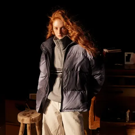 潮牌渐变色立领棉服女2023年新款加厚冬季外套面包服复古宽松棉衣商品大图