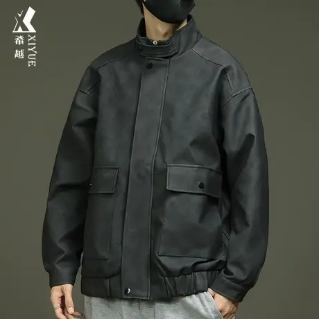 希越美式黑色机车PU皮衣外套男秋季宽松大码工装复古夹克潮流痞帅商品大图