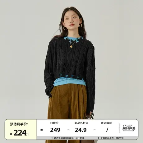 omont蛋挞家 复古慵懒毛衣女2023秋冬新款设计感套头短款针织衫商品大图