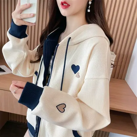 卫衣女2023新款秋冬季韩版宽松加绒加厚小个子拼色华夫格开衫外套商品大图