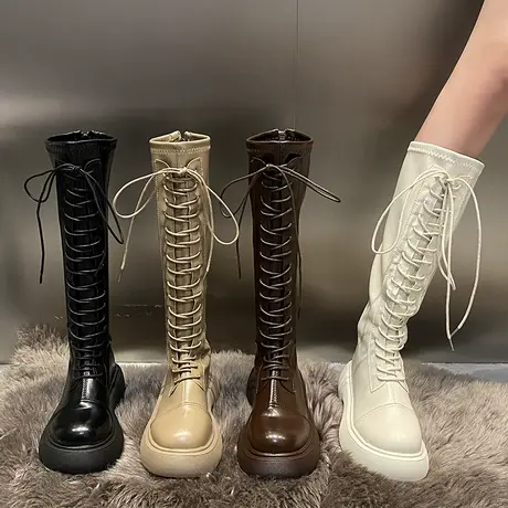 网红系带高筒靴女2023秋冬新款厚底显瘦骑士靴小个子增高马丁长靴商品大图