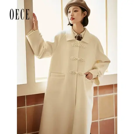 Oece中国风呢大衣冬装新款女装复古盘扣长款羊毛双面毛呢外套商品大图