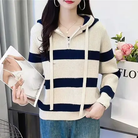 秋冬新款时尚条纹拉链连帽针织衫女毛衣洋气减龄学生外穿上衣韩版商品大图