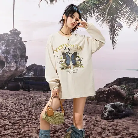 YEP美式复古印花长袖T恤女纯棉宽松oversize秋季ins潮牌圆领卫衣商品大图