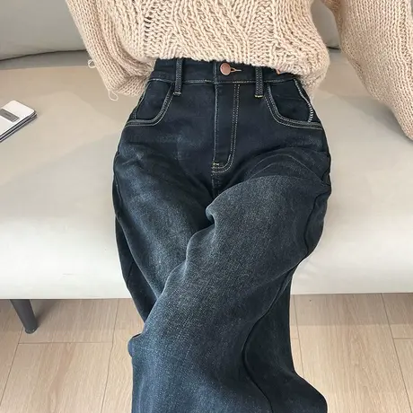 深蓝色阔腿牛仔裤女加绒加厚秋冬季新款高腰垂感宽松直筒拖地裤子图片