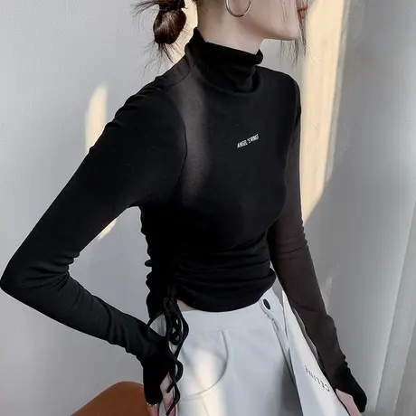 半高领磨毛长袖打底衫女2023秋冬新品字母刺绣正肩黑色加绒上衣商品大图