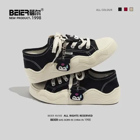 蓓尔小众百搭波浪鞋女2023年新款透气学生复古帆布鞋休闲黑色板鞋商品大图