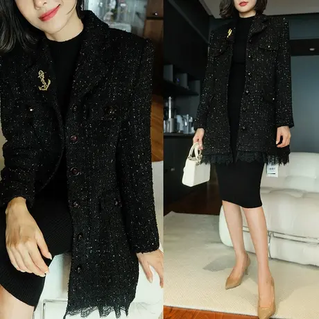 2023冬新款法式气质粗花呢蕾丝边亮丝显瘦连衣裙羊毛大衣外套两穿商品大图