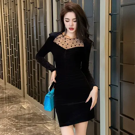 丝绒连衣裙女秋冬复古修身设计感黑色圆点长袖小个子显瘦包臀裙子商品大图