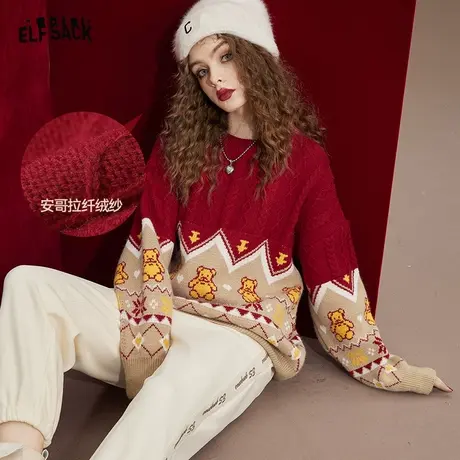 妖精的口袋小熊红色毛衣女2023秋冬季新款加厚费尔岛软糯慵懒风潮图片