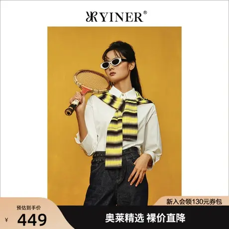 YINER音儿专柜女装2022夏季新款白色7分袖前长后短衬衣翻领衬衫商品大图