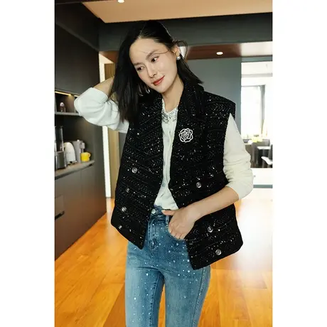 2023秋冬新款女装亮片编织粗花呢绵羊毛精致高定轻奢外套马夹图片