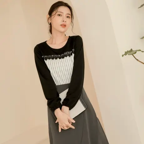 桔熊春秋季韩版通勤蕾丝拼接条纹泡泡袖上衣女胖妹妹大码AB16537商品大图