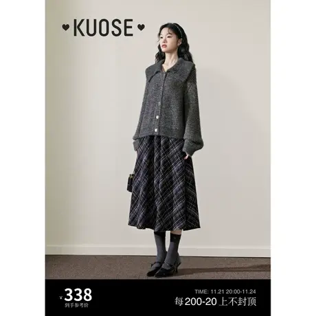 阔色大翻领短款针织衫2023秋冬季新款女深灰色开衫显瘦毛衣外套商品大图