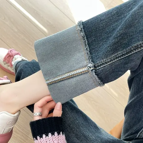 撞色卷边直筒牛仔裤女春秋季新款高腰显瘦九分小个子法棍烟管裤子商品大图