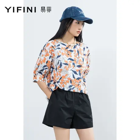 Yifini/易菲纯棉印花一字领五分袖百搭T恤女夏季新款宽松衬衫商品大图