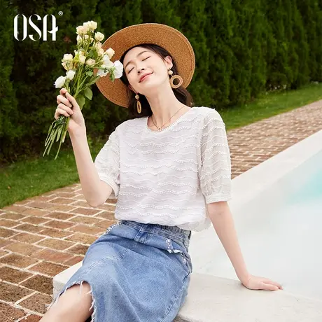 OSA欧莎白色纯棉泡泡袖雪纺衫女夏季2023年新款遮肚子显瘦薄上衣商品大图