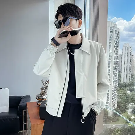 秋季夹克男装潮牌ins纯色上衣2024新款潮流时尚网红痞帅机车外套商品大图