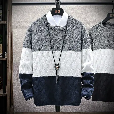 2023秋冬季圆领毛衣男士韩版潮流男装线衫青年修身衣服男生针织衫商品大图