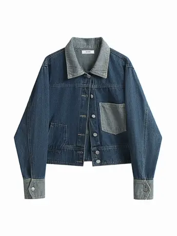 秋季新款拼接撞色牛仔外套女短款小个子夹克复古百搭设计感上衣潮商品大图