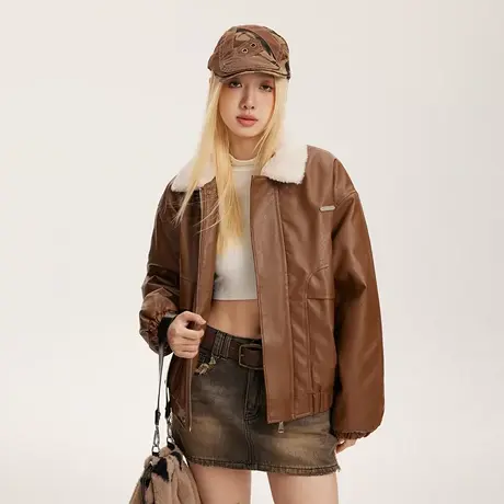 美式复古拼接PU皮棉服女冬季羊羔毛外套2023新款潮牌宽松保暖棉衣商品大图