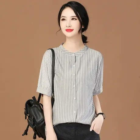 韩潮袭人圆领休闲条纹短袖衬衣2024年夏季新款女士衬衫设计感小众图片
