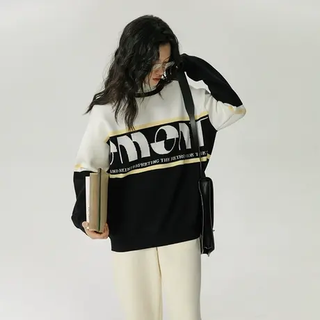 omont蛋挞家 复古慵懒风毛衣女秋季新款圆领套头宽松长袖针织上衣商品大图