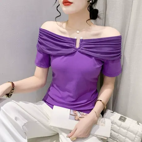 性感一字领短袖上衣女欧货气质设计感别致T恤夏季心机露肩小衫潮图片