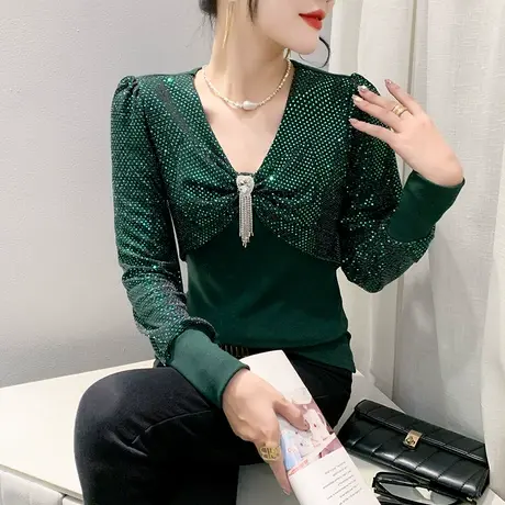 性感烫钻拼接V领T恤女长袖气质减龄个性流苏上衣洋气修身显瘦小衫商品大图