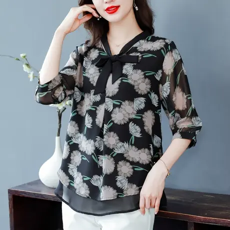 宽松碎花雪纺衫女2023新款夏季短袖中年妈上衣胖mm遮肚子大码显瘦图片