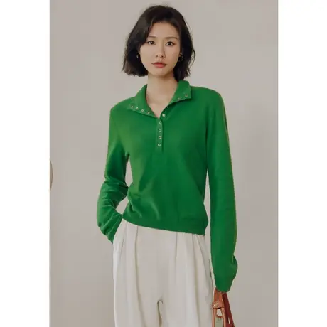 【含绵羊毛】弥古绿色翻领长袖针织衫女高级感秋季外穿设计感上衣商品大图