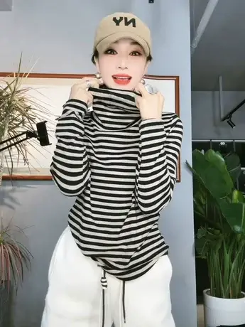 条纹高领打底衫女2023年秋季新款长袖t恤内搭堆堆领上衣ins洋气潮商品大图