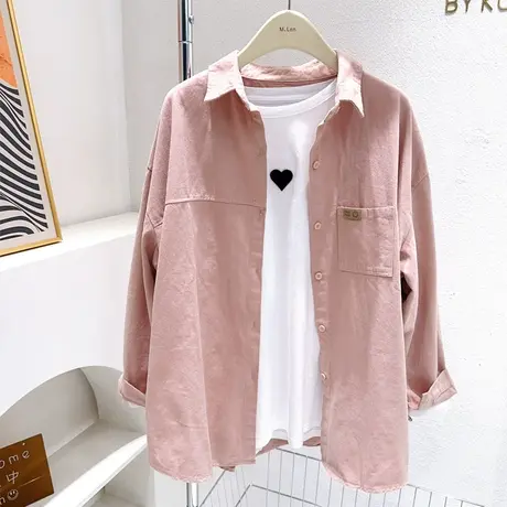 2023秋季粉色衬衫外套~韩代同款磨毛牛仔衬衣开衫宽松微胖遮胯图片