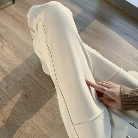 毛呢裤女秋冬季新款直筒小个子加厚米白色休闲裤子高腰显瘦烟管裤商品大图