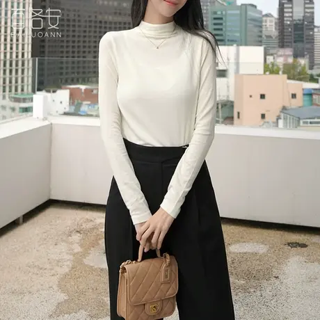 百洛安简约纯色半高领套头打底衫女秋冬新款百搭弹力显瘦长袖上衣图片