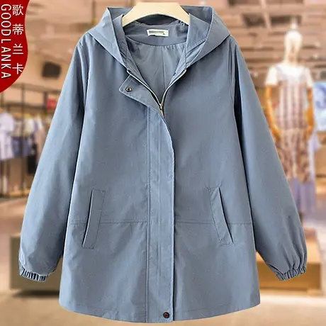 加肥加大码女装中年胖妈妈夹克女秋装宽松洋气连帽中长款风衣外套商品大图