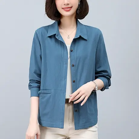 休闲衬衫女春秋新款大码女装上衣宽松中老年妈妈纯棉文艺显瘦衬衣商品大图