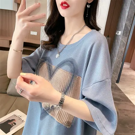 小众设计感短袖t恤女夏装韩版宽松大码中长款华夫格百搭学生上衣商品大图