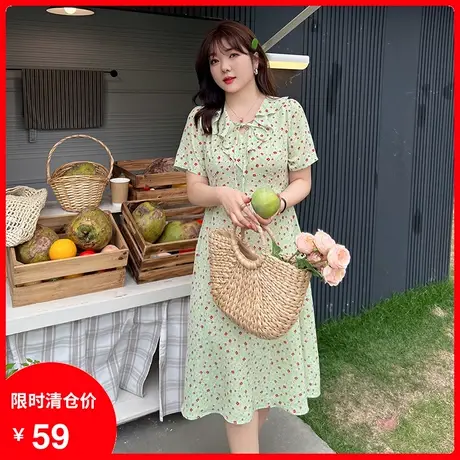 【清仓】大码连衣裙女胖mm夏装2023新款荷叶边法式长款雪纺碎花裙图片