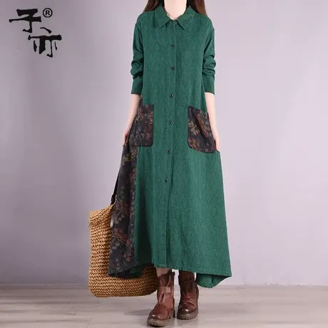 子亦2023春装新款宽松大码长袖拼接印花打底单排扣衬衫连衣裙商品大图